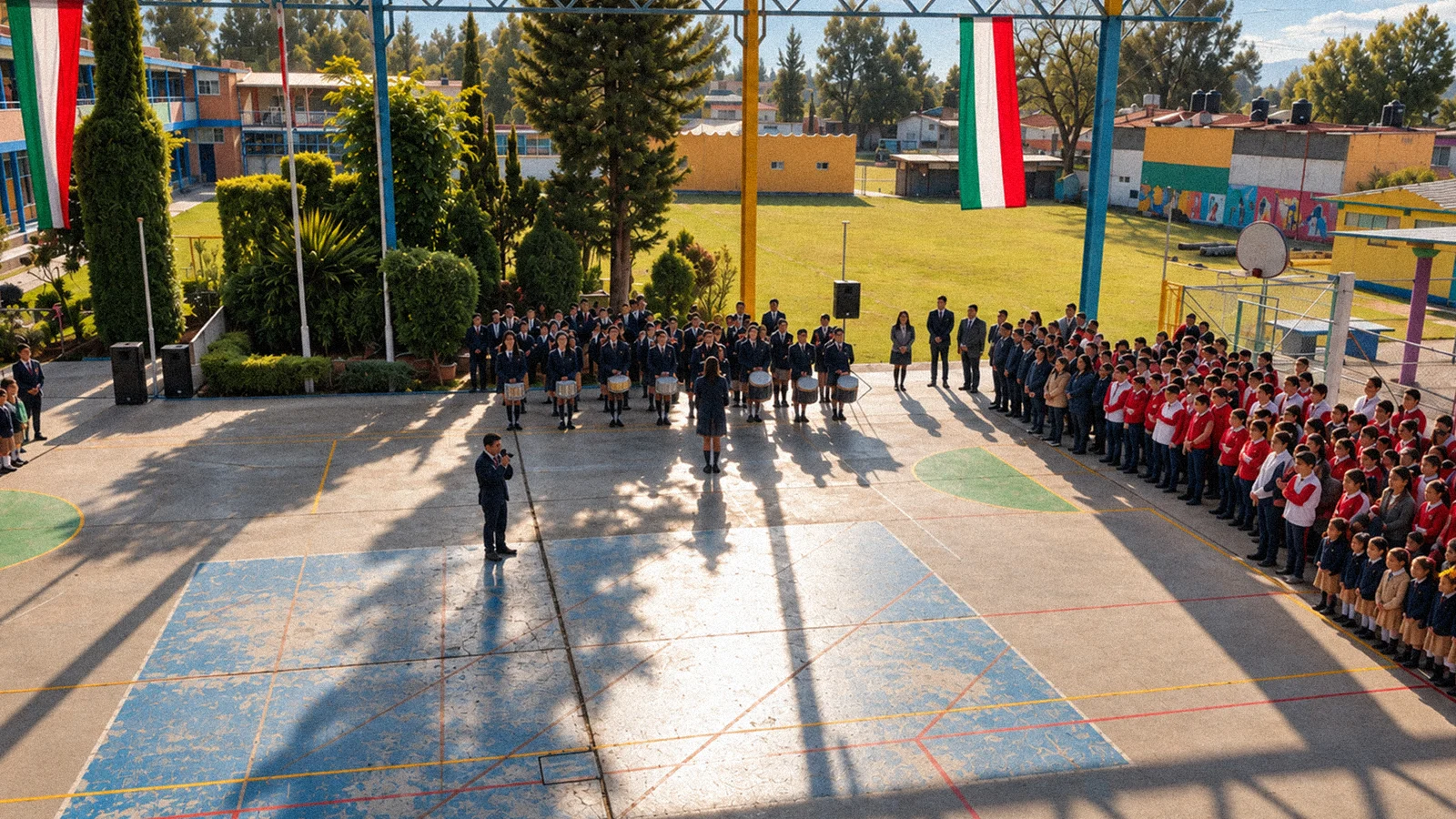 Estudiantes reunidos en el patio, atravesado por las sombras de los árboles.
