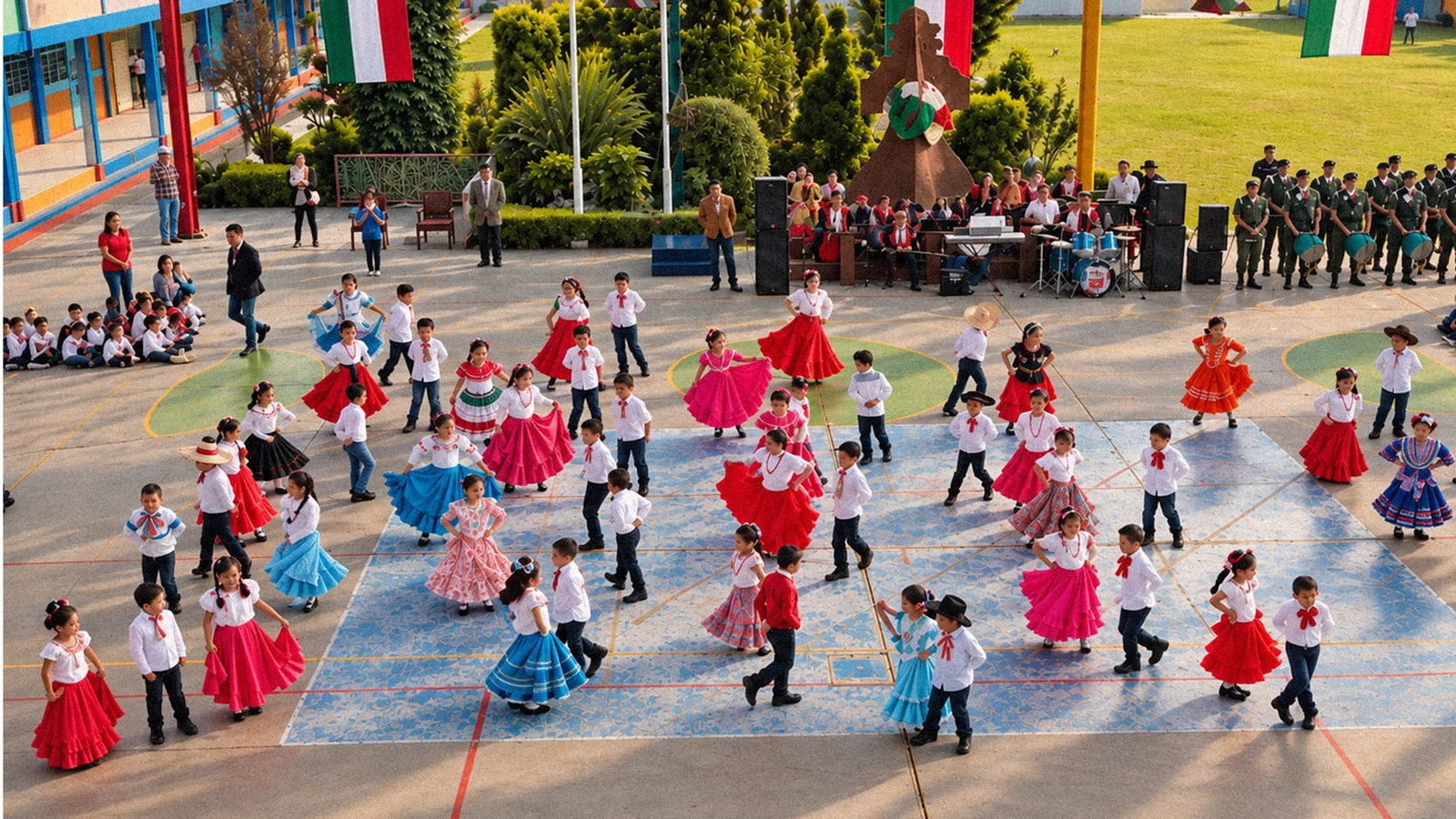 Grupo de estudiantes baila danza folclórica entre multitudes en un festejo de Belmont.