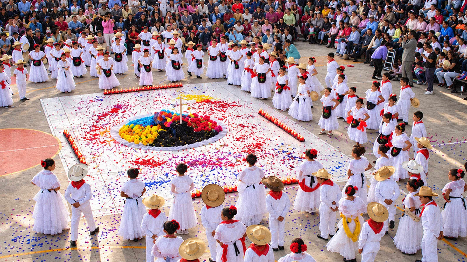 Estudiantes con vestuario tradicional reunidos alrededor de una composición de flores en el patio de Belmont.