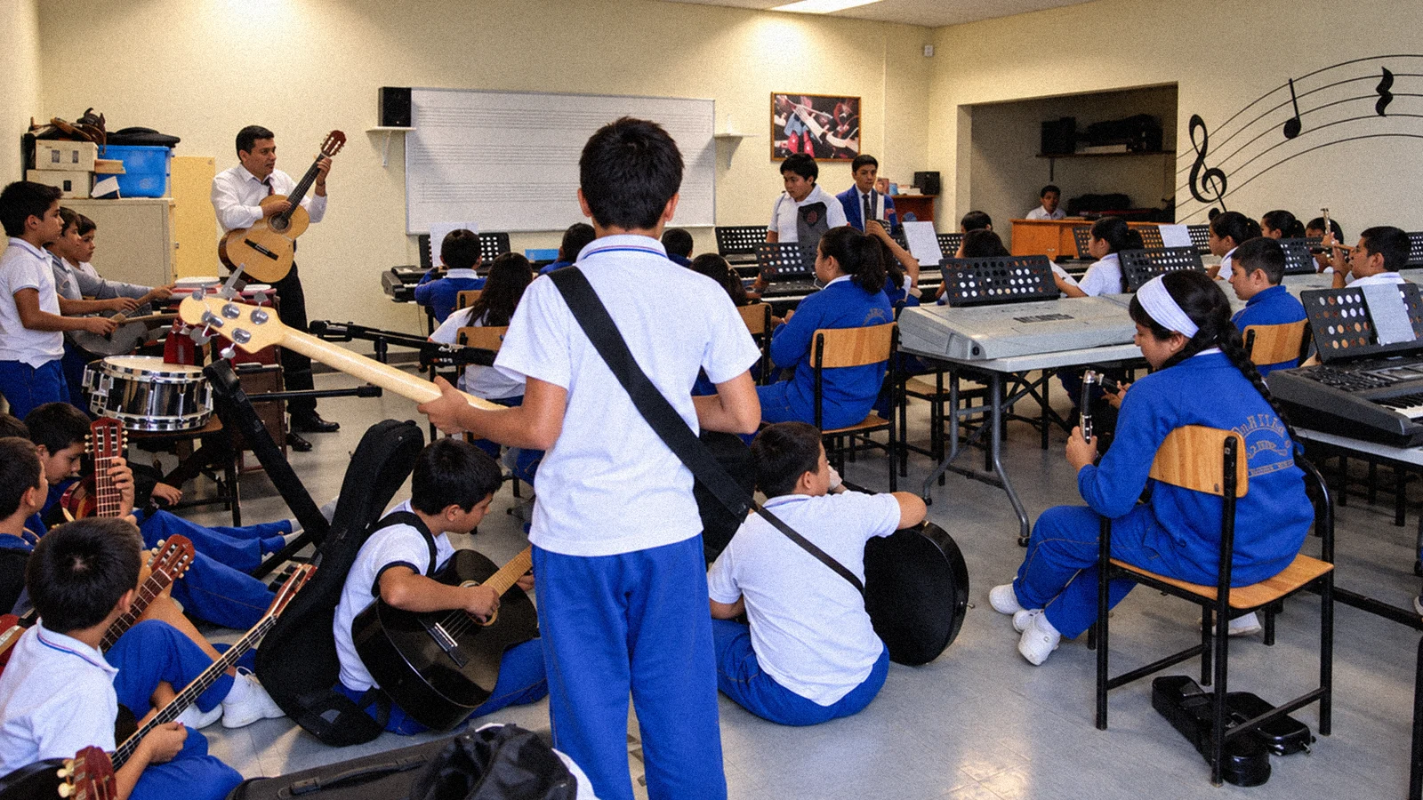 Estudiantes tocan instrumentos y siguen una actividad musical en un salón.