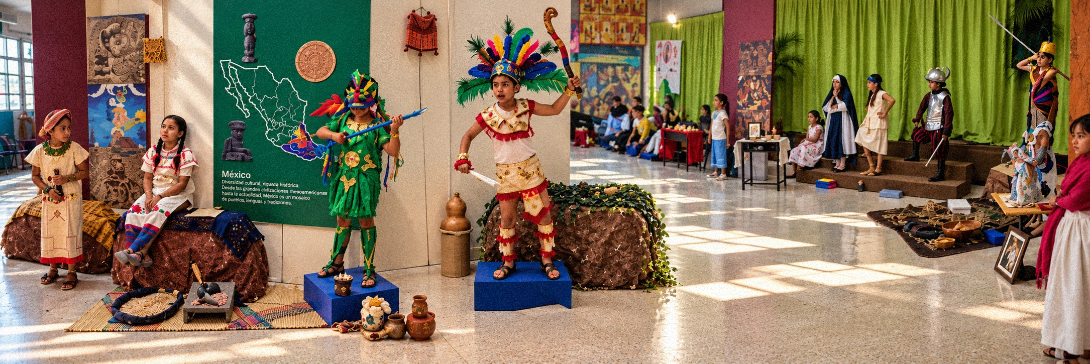 Presentación cultural: a la izquierda, estudiantes con vestuario tradicional frente a un mapa de México; a la derecha, personajes teatrales junto a un telón verde.