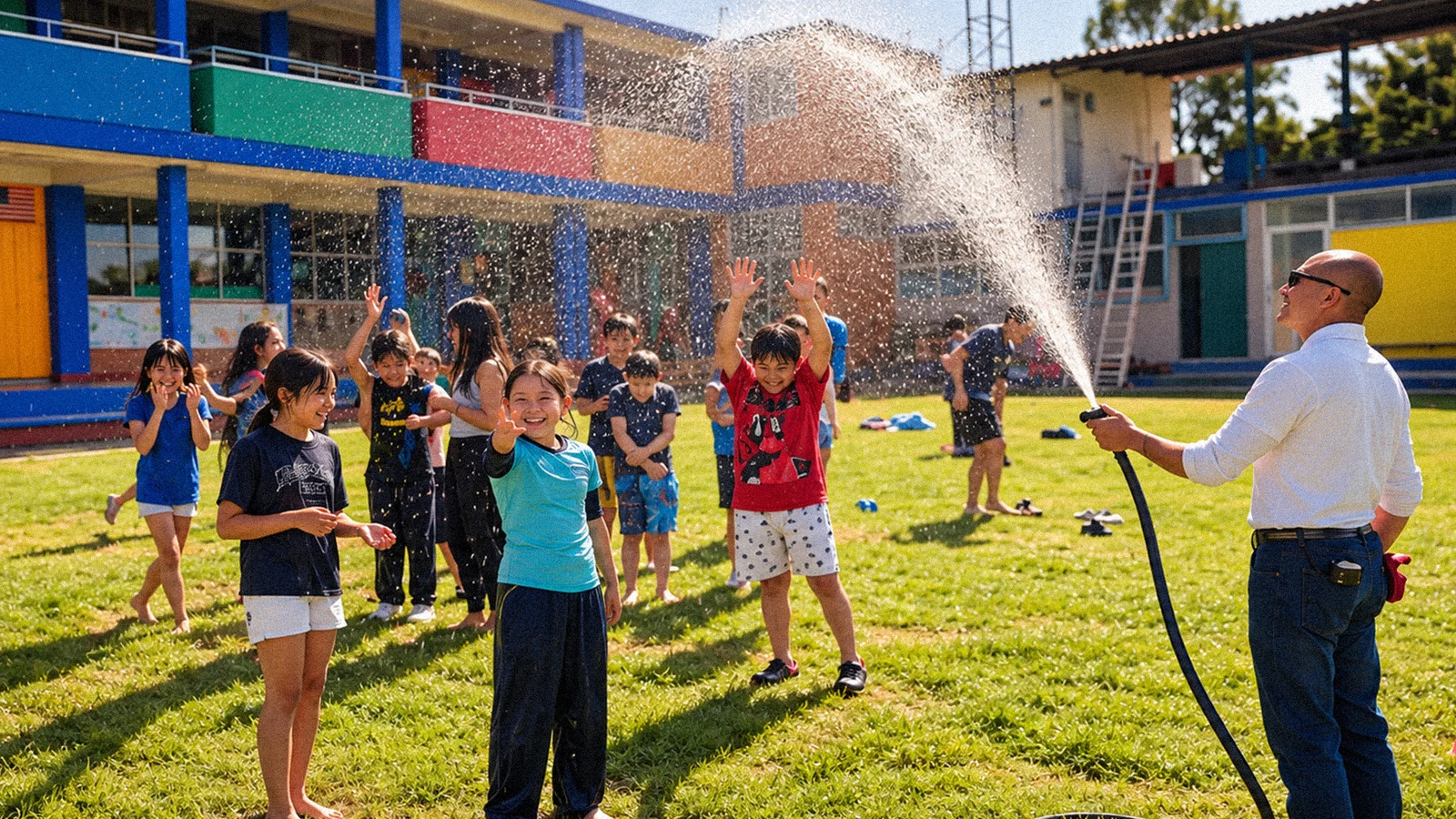 Un adulto rocía agua mientras un grupo de estudiantes juega sobre el pasto.